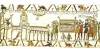King Edward dies and is Taken to Westminster Abbey, detail of the Bayeux Tapestry, wool embroidery on linen, 20” high, Centre Guillaume le Conquérant, Bayeux, France, Image on website of Ulrich Harsh, Public Domain via Wikimedia Commons. 