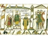 Harold is Crowned the New King of England on January 6th, 1066, detail of the Bayeux Tapestry, wool embroidery on linen, 20” high, Centre Guillaume le Conquérant, Bayeux, France, Image on website of Ulrich Harsh, Public Domain via Wikimedia Commons. 