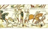 Harold is Killed in the Battle of Hastings on October 14, 1066 (William will become the New King of England), detail of the Bayeux Tapestry, wool embroidery on linen, 20” high, Centre Guillaume le Conquérant, Bayeux, France, Image on website of Ulrich Harsh, Public Domain via Wikimedia Commons. 