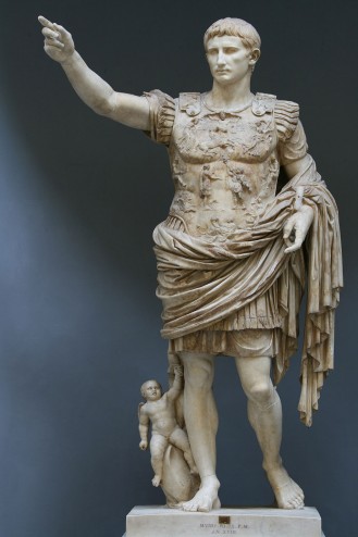 Augustus of Primaporta, c. 20 BCE, Marble, 6’8”, Musei Vaticani, Braccio Nuovo, Rome, Public Domain via Wikimedia Commons