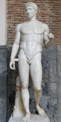 Doryphoros, Roman copy of an original by Polykleitos from c. 450-44 BCE, Marble, 6’6”, Museo Archeologico Nazionales, Naples, Public Domain via Wikimedia Commons