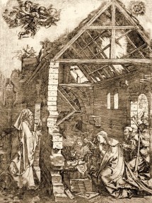 Marcatonio Raimondi, copy of Albrecht Dürer, The Adoration of the Shepherds, from The Life of the Virgin, c. 1503, engraving, 12” x 9”, National Library of Brazil, Rio de Janeiro, Marcantonio Raimondi [Public domain], via Wikimedia Commons.