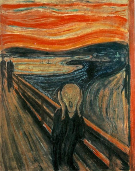 Edvard Munch, The Scream, 1893, Casein/waxed crayon and tempera on paper (cardboard), 35 7/8” x 29”, National Gallery, Oslo, Norway, Public Domain via Wikipedia.