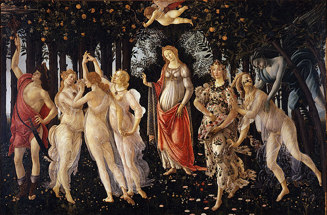 Sandro Botticelli, Primavera, c. 1482, tempera on panel, 80" x 124", Uffizi Gallery, Florence, Public Domain via Wikipedia.