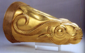 Golden rhyton from Iran's Achaemenid period, c. 550-300 BCE, excavated at Ecbatana, National Museum of Iran, Photo via Wikimedia Commons.