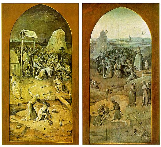 Hieronymus Bosch, Arrest of Christ and Christ Carrying the Cross from the Exterior of the Triptych of The Temptation of St. Anthony, 1505-1506, oil on panel, Museu Nacional de Arte Antiga, Lisbon, Artwork in the Public Domain via Wikimedia Commons.