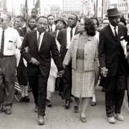 Morton Broffman, Dr. Martin Luther King, Jr. arrives in Montgomery, Alabama on March 25th 1965 at the culmination of the Selma to Montgomery March, 1965, silver gelatin print.