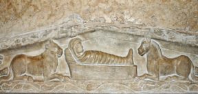 The Nativity, Sarcophagus lid, c. 408 CE, Basilica of St. Ambrose, Milan, Public Domain via Wikimedia Commons.