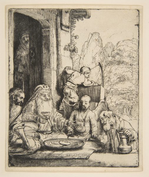 Rembrandt van Rijn, Abraham Entertaining the Angels, 1656, etching and drypoint, 6 ½” x 5 ½”, Image via Wikiart, artwork in the Public Domain.