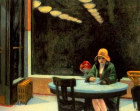 Edward Hopper, Automat, 1927, oil on canvas, 28” x 36”, Des Moines Art Center, IA, Artwork in the Public Domain via Wikipedia.