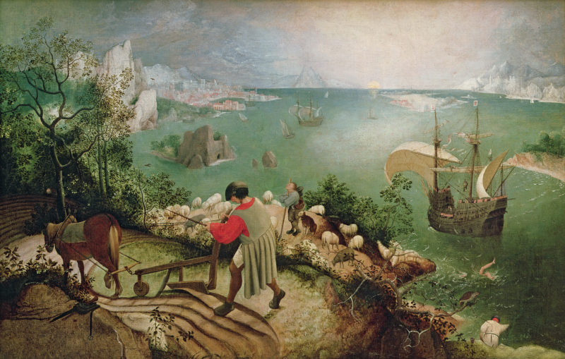 Attributed to Pieter Bruegel the Elder, Landscape with the Fall of Icarus, c. 1655, oil on panel, 2' 5" x 3' 8", Royal Museum of Fine Arts Belgium, Brussels, Image in the Public Domain via Wikimedia Commons.