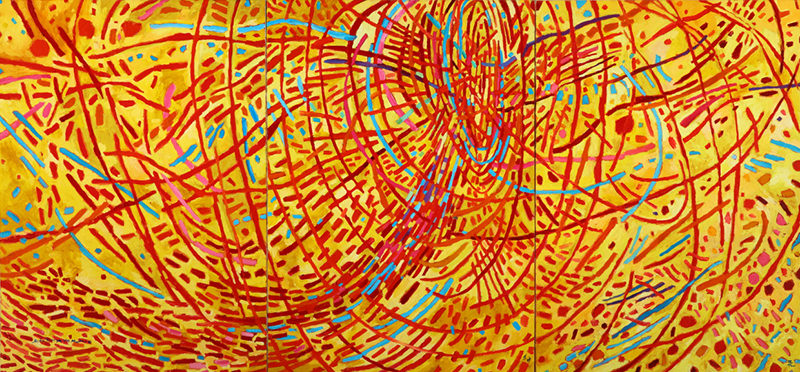 Mildred Thompson, Magnetic Fields, 1991, oil on canvas, triptych, 70 1/2 x 150 inches. Courtesy of the Mildred Thompson Estate, Atlanta, Georgia art and photo © The Mildred Thompson Estate, Atlanta, Georgia.