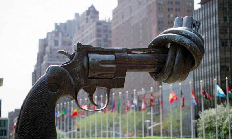 Carl Frederik Reuterswärd, Non-Violence, 1985, bronze, Plaza at the United Nations, New York.