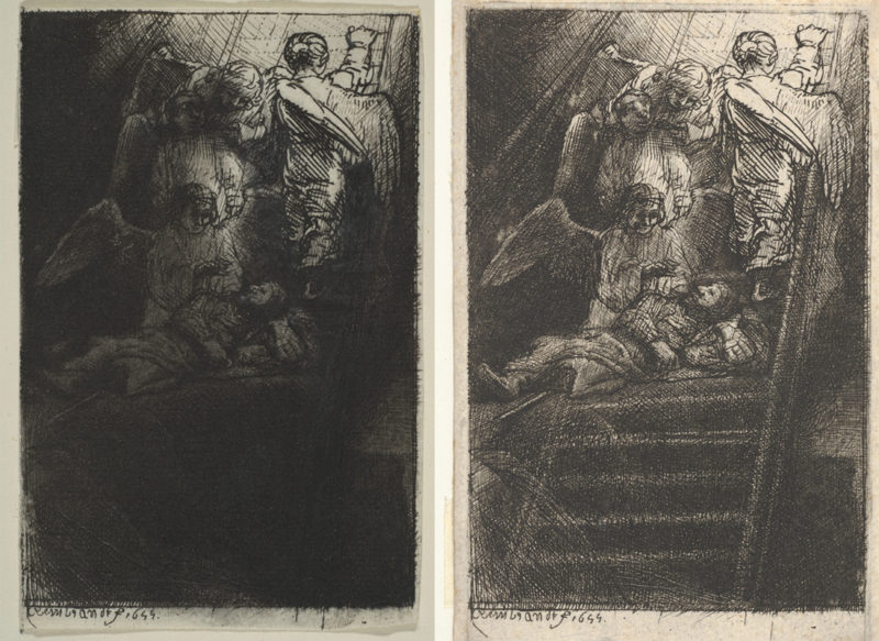 Rembrandt van Rijn, two impressions of Jacob’s Ladder, 1655, etching and drypoint, 4⅝” x 3⅛”, Collection of the Metropolitan Museum of Art, New York.