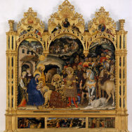 Gentile da Fabriano, The Adoration of the Magi, 1423, tempera paint and gold on panel, 80" x 111", Uffizi Gallery, Florence, Photo via Wikimedia Commons