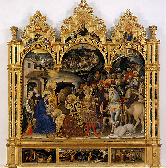 Gentile da Fabriano, The Adoration of the Magi, 1423, tempera paint and gold on panel, 80" x 111", Uffizi Gallery, Florence, Photo via Wikimedia Commons