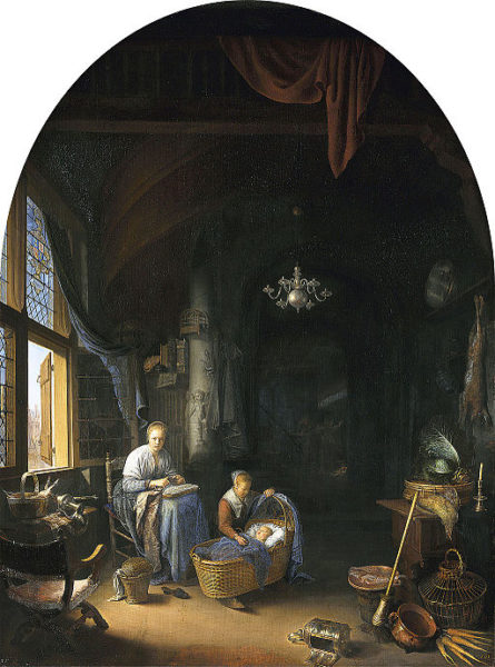 Gerrit Dou, The Young Mother, 1658, oil on panel, 28.9” x 21.8”, Mauritshuis, The Hague, Image in the Public Domain via Wikimedia.