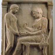 Grave Stele of Hegeso, c. 410 B.C.E., marble and paint, from the Dipylon Cemetary, Athens, 5' 2", National Archaeological Museum, Athens