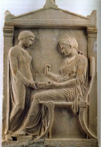 Grave Stele of Hegeso, c. 410 B.C.E., marble and paint, from the Dipylon Cemetary, Athens, 5' 2", National Archaeological Museum, Athens