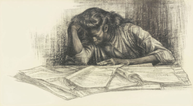 Charles White, Awaken from the Unknowing, 1961, Charcoal and Wolff crayon on paperboard, Private Collection, Photo via the Hammer Museum, Los Angeles, CA.