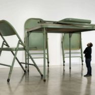 Robert Therrien, Untitled (Folding Chairs and Table), 2008, Paint and metal, Table: 96” x 120” x 120”, Chairs: 104” x 64” x 72”, Image via Artsy.com.