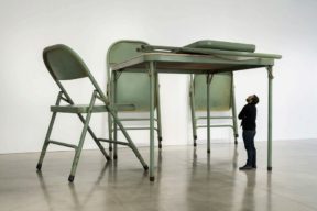 Robert Therrien, Untitled (Folding Chairs and Table), 2008, Paint and metal, Table: 96” x 120” x 120”, Chairs: 104” x 64” x 72”, Image via Artsy.com.