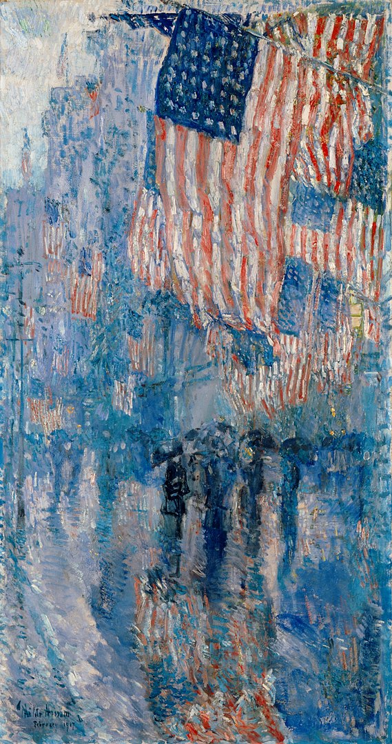 Childe Hassam, Avenue in the Rain, 1917, Oil on canvas, 42” x 22”, The White House Collection, Washington, DC.