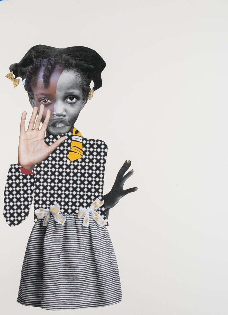 Deborah Roberts, Unbothered, 2017, Mixed media on paper, 30” x 22”, Image by Jenkins Johnson Gallery, San Francisco, CA.